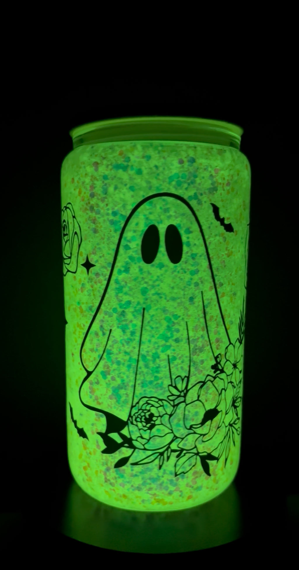 16oz Glass Glow in the Dark Glitter Cup