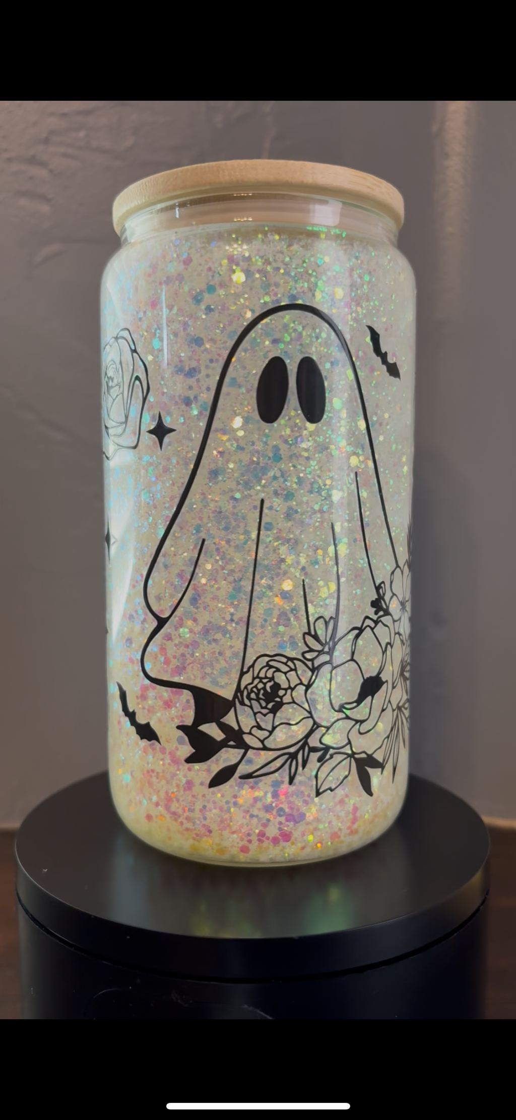 16oz Glass Glow in the Dark Glitter Cup